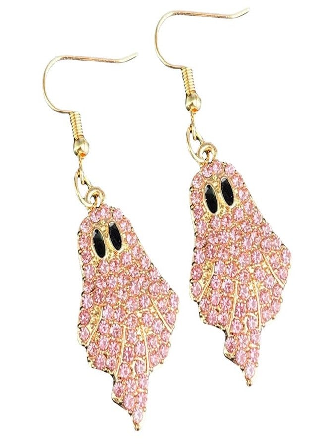 QRH Sparkly Rhinestone Halloween Ghost Earrings Necklace Set Delicate Diamond Beaded Pink Ghost Earrings Necklace Set Shiny Cute Halloween Party Costume Cosplay Jewelry Gifts - Image 4